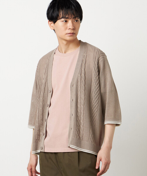 COMME CA ISM(コムサイズム)の「リネンライク ケーブルニット 5分袖カーディガン(カーディガン/ボレロ・メンズ・ネイビー/ベージュ・LARGE/MEDIUM)」の1枚目の写真