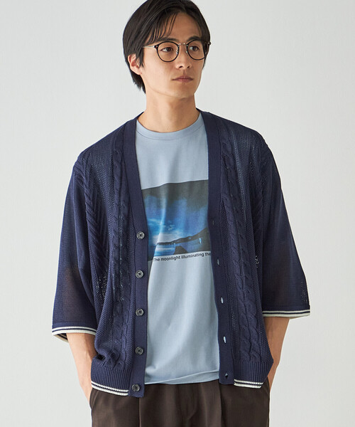 COMME CA ISM(コムサイズム)の「リネンライク ケーブルニット 5分袖カーディガン(カーディガン/ボレロ・メンズ・ネイビー/ベージュ・LARGE/MEDIUM)」の2枚目の写真