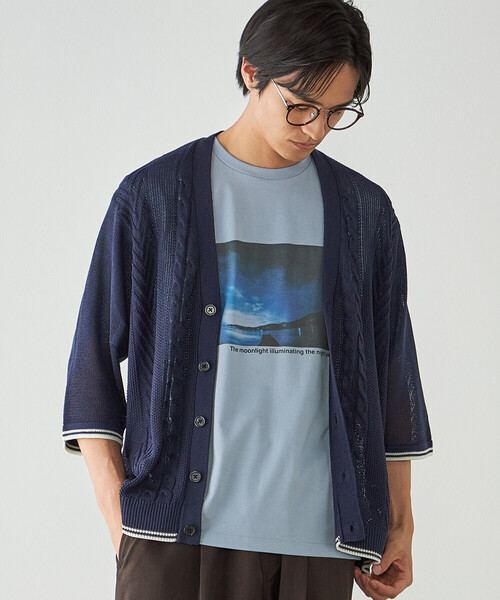 COMME CA ISM(コムサイズム)の「リネンライク ケーブルニット 5分袖カーディガン(カーディガン/ボレロ・メンズ・ネイビー/ベージュ・LARGE/MEDIUM)」の4枚目の写真