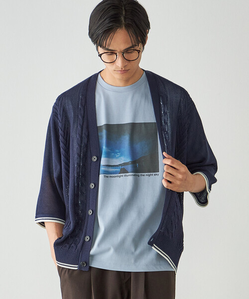 COMME CA ISM(コムサイズム)の「リネンライク ケーブルニット 5分袖カーディガン(カーディガン/ボレロ・メンズ・ネイビー/ベージュ・LARGE/MEDIUM)」の5枚目の写真