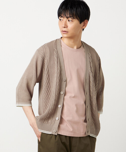 COMME CA ISM(コムサイズム)の「リネンライク ケーブルニット 5分袖カーディガン(カーディガン/ボレロ・メンズ・ネイビー/ベージュ・LARGE/MEDIUM)」の9枚目の写真