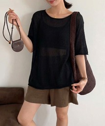 【選べる2ネック】 シアールーズニット サマーニット オーバーサイズ シアーニット 半袖 シアーニット メッシュ ルーズニット トップス 透かし編みニット レイヤード ラウンドネック Vネック 夏服