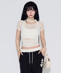 tinkerend | 【3点セット】Sheer Neck Off-shoulder Top / シースルーネックオフショルダートップ(Tシャツ/カットソー)
