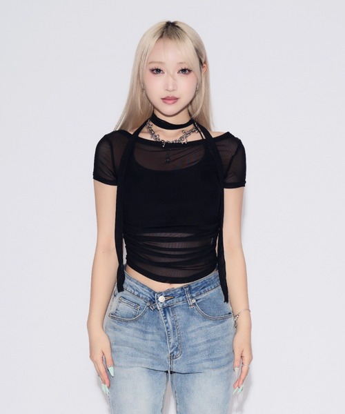 tinkerend(ティンカーエンド)の「【3点セット】Sheer Neck Off-shoulder Top / シースルーネックオフショルダートップ(Tシャツ/カットソー・レディース・ブラック/ホワイト・FREE)」の10枚目の写真