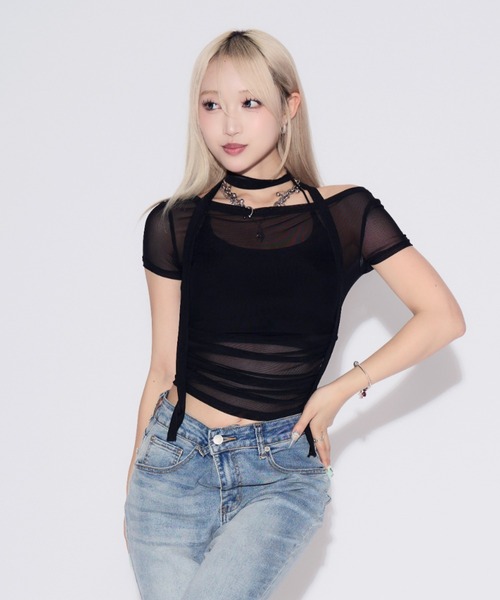 tinkerend(ティンカーエンド)の「【3点セット】Sheer Neck Off-shoulder Top / シースルーネックオフショルダートップ(Tシャツ/カットソー・レディース・ブラック/ホワイト・FREE)」の11枚目の写真