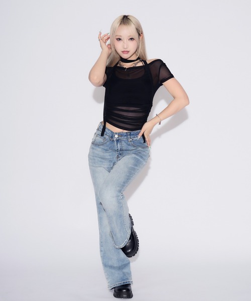 tinkerend(ティンカーエンド)の「【3点セット】Sheer Neck Off-shoulder Top / シースルーネックオフショルダートップ(Tシャツ/カットソー・レディース・ブラック/ホワイト・FREE)」の16枚目の写真
