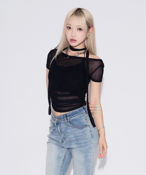 tinkerend(ティンカーエンド)の「【3点セット】Sheer Neck Off-shoulder Top / シースルーネックオフショルダートップ(Tシャツ/カットソー・レディース・ブラック/ホワイト・FREE)」の12枚目の写真