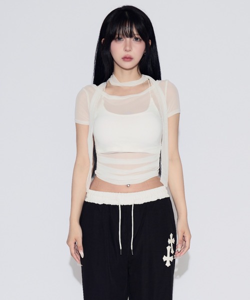 tinkerend(ティンカーエンド)の「【3点セット】Sheer Neck Off-shoulder Top / シースルーネックオフショルダートップ(Tシャツ/カットソー・レディース・ブラック/ホワイト・FREE)」の3枚目の写真