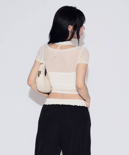 tinkerend(ティンカーエンド)の「【3点セット】Sheer Neck Off-shoulder Top / シースルーネックオフショルダートップ(Tシャツ/カットソー・レディース・ブラック/ホワイト・FREE)」の5枚目の写真