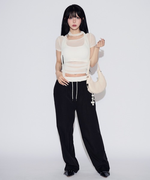 tinkerend(ティンカーエンド)の「【3点セット】Sheer Neck Off-shoulder Top / シースルーネックオフショルダートップ(Tシャツ/カットソー・レディース・ブラック/ホワイト・FREE)」の9枚目の写真