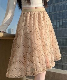 ドット柄ティアードフレアスカート ミモレ丈