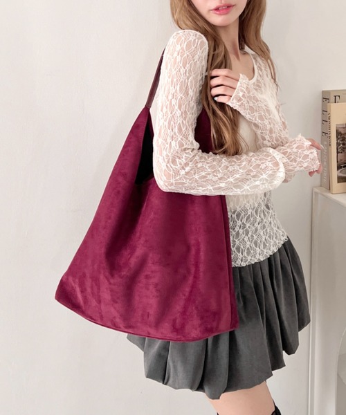 Loueme（ルエム）の「ベロアタッチPUハンドルトートバッグ（トートバッグ・レディース・ブラック/ブラウン/オリーブ/アイボリー/レッド/ピンク・FREE）」の6枚目の写真