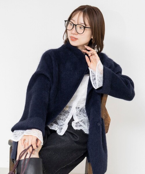 Rie Miller（リエミラー）の「ヤクリバー風ニットコート（その他アウター・レディース・ネイビー/ベージュ・38）」の7枚目の写真