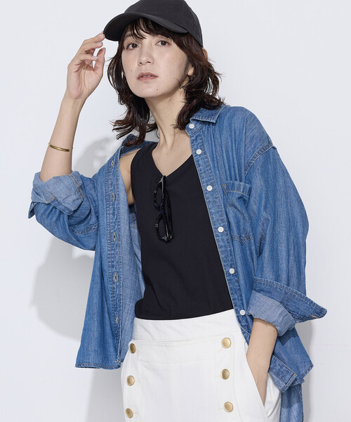 COMME CA Wardrobe(コムサワードローブ)の「〔 +サイズ 〕 テンセル/リネンデニム シャツ(シャツ/ブラウス・レディース・インディゴブルー/ライトインディゴブルー・13号)」の10枚目の写真