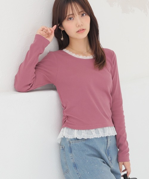 Honeys(ハニーズ)の「レース付トップス(Tシャツ/カットソー・レディース・アイボリー/ピンク系1/ブラック/ヘザーチャコール・M/S)」の4枚目の写真