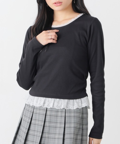 Honeys(ハニーズ)の「レース付トップス(Tシャツ/カットソー・レディース・アイボリー/ピンク系1/ブラック/ヘザーチャコール・M/S)」の1枚目の写真
