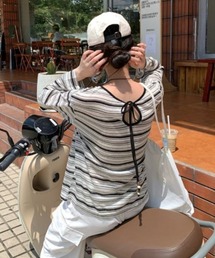 バックリボン ボーダー長袖カットソー