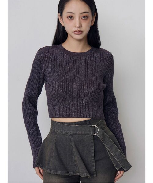 MURUA(ムルーア)の「ラメワイドリブクロップドニット 冬服(ニット/セーター・レディース・アイボリー/ブラック/グリーン/レッド/パープル・FREE)」の4枚目の写真