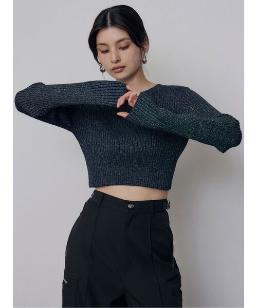 MURUA(ムルーア)の「ラメワイドリブクロップドニット 冬服(ニット/セーター・レディース・アイボリー/ブラック/グリーン/レッド/パープル・FREE)」の3枚目の写真