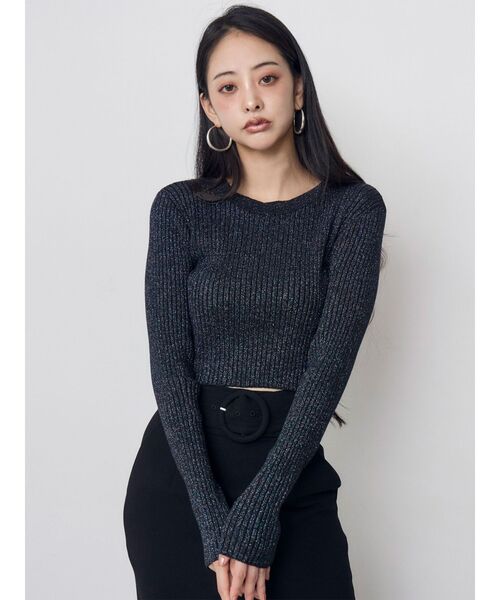 MURUA(ムルーア)の「ラメワイドリブクロップドニット 冬服(ニット/セーター・レディース・アイボリー/ブラック/グリーン/レッド/パープル・FREE)」の6枚目の写真