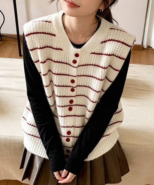 LEMOA(レモア)の「ボーダー柄ニットベスト(ベスト・レディース・ライトグレー/オフホワイト/ダークブラウン/ワインレッド/オレンジ/ダークグレー・FREE)」の8枚目の写真
