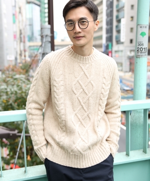 GLOBAL WORK（グローバルワーク）の「3ゲージケーブルニットプルオーバー/776051（ニット/セーター・メンズ・ホワイト/ダークブラウン/ライトグレー/グレー/ネイビー/ベージュ/レッド・SMALL/MEDIUM/LARGE/X-LARGE）」の6枚目の写真