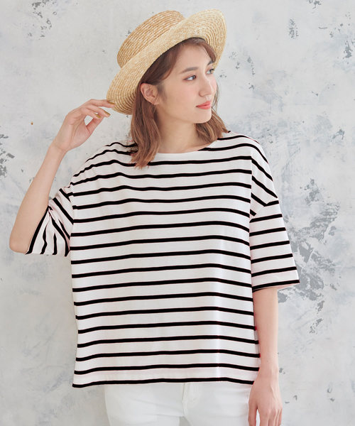 KOBE LETTUCE（コウベレタス）の「コットン100%ドロップショルダーボーダー半袖カットソー/Tシャツ/レディース[C3288]神戸レタス（Tシャツ/カットソー・レディース・ブラック系その他3/ブルー系その他/ブラック系その他/グレー系その他/ブルー系その他3/レッド系その他/ベージュ系その他/ブラック系その他2/ブルー系その他2・FREE）」の2枚目の写真