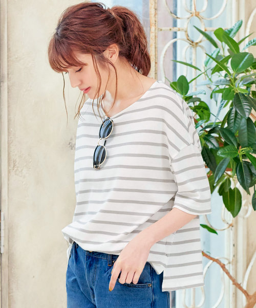 KOBE LETTUCE（コウベレタス）の「コットン100%ドロップショルダーボーダー半袖カットソー/Tシャツ/レディース[C3288]神戸レタス（Tシャツ/カットソー・レディース・ブラック系その他3/ブルー系その他/ブラック系その他/グレー系その他/ブルー系その他3/レッド系その他/ベージュ系その他/ブラック系その他2/ブルー系その他2・FREE）」の5枚目の写真