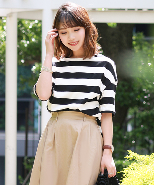 KOBE LETTUCE（コウベレタス）の「コットン100%ドロップショルダーボーダー半袖カットソー/Tシャツ/レディース[C3288]神戸レタス（Tシャツ/カットソー・レディース・ブラック系その他3/ブルー系その他/ブラック系その他/グレー系その他/ブルー系その他3/レッド系その他/ベージュ系その他/ブラック系その他2/ブルー系その他2・FREE）」の4枚目の写真