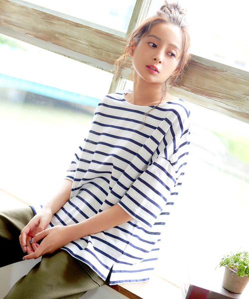 KOBE LETTUCE（コウベレタス）の「コットン100%ドロップショルダーボーダー半袖カットソー/Tシャツ/レディース[C3288]神戸レタス（Tシャツ/カットソー・レディース・ブラック系その他3/ブルー系その他/ブラック系その他/グレー系その他/ブルー系その他3/レッド系その他/ベージュ系その他/ブラック系その他2/ブルー系その他2・FREE）」の8枚目の写真