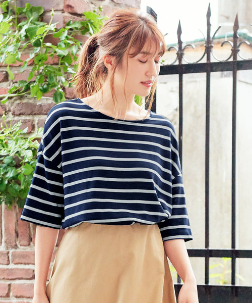 KOBE LETTUCE（コウベレタス）の「コットン100%ドロップショルダーボーダー半袖カットソー/Tシャツ/レディース[C3288]神戸レタス（Tシャツ/カットソー・レディース・ブラック系その他3/ブルー系その他/ブラック系その他/グレー系その他/ブルー系その他3/レッド系その他/ベージュ系その他/ブラック系その他2/ブルー系その他2・FREE）」の9枚目の写真