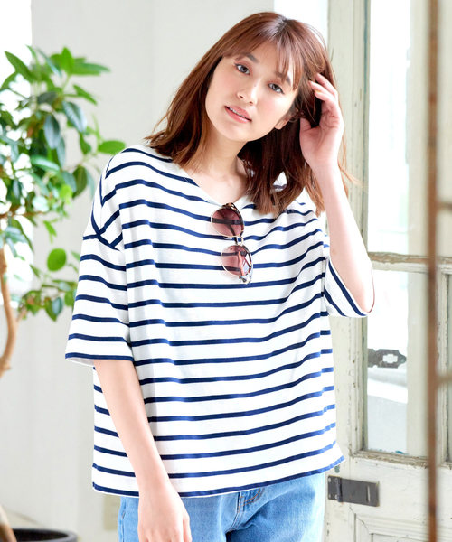 KOBE LETTUCE（コウベレタス）の「コットン100%ドロップショルダーボーダー半袖カットソー/Tシャツ/レディース[C3288]神戸レタス（Tシャツ/カットソー・レディース・ブラック系その他3/ブルー系その他/ブラック系その他/グレー系その他/ブルー系その他3/レッド系その他/ベージュ系その他/ブラック系その他2/ブルー系その他2・FREE）」の16枚目の写真