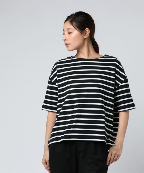 KOBE LETTUCE（コウベレタス）の「コットン100%ドロップショルダーボーダー半袖カットソー/Tシャツ/レディース[C3288]神戸レタス（Tシャツ/カットソー・レディース・ブラック系その他3/ブルー系その他/ブラック系その他/グレー系その他/ブルー系その他3/レッド系その他/ベージュ系その他/ブラック系その他2/ブルー系その他2・FREE）」の3枚目の写真