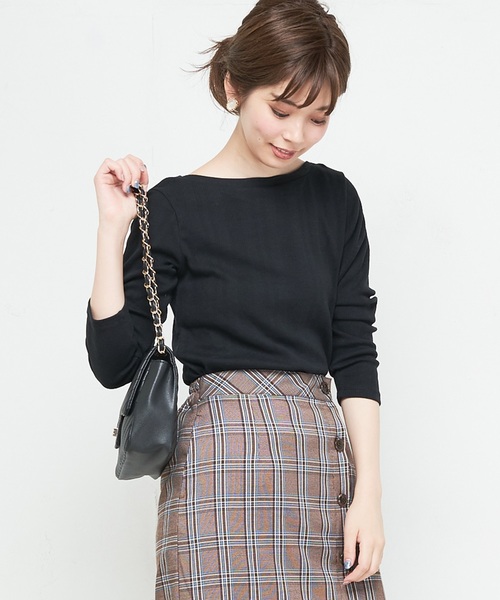 natural couture（ナチュラルクチュール）の「ランダムテレコシンプルプルオーバー（Tシャツ/カットソー・レディース・ブラック/ブラウン/オフホワイト/グリーン/ホワイト×ブラック/ダークパープル・FREE）」の3枚目の写真