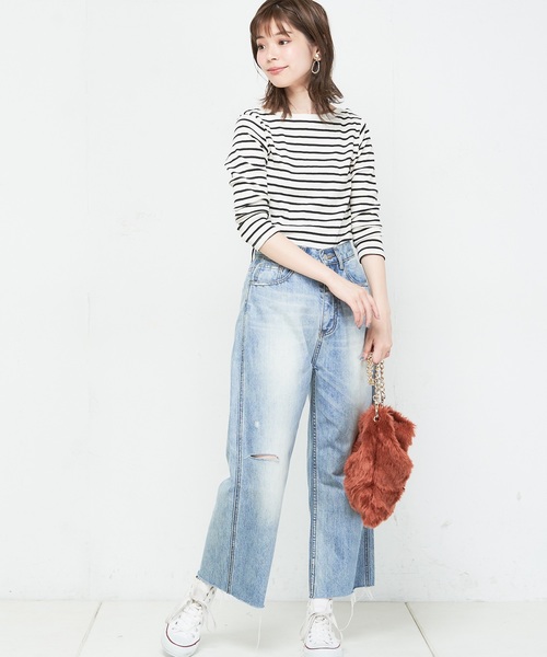 natural couture（ナチュラルクチュール）の「ランダムテレコシンプルプルオーバー（Tシャツ/カットソー・レディース・ブラック/ブラウン/オフホワイト/グリーン/ホワイト×ブラック/ダークパープル・FREE）」の10枚目の写真