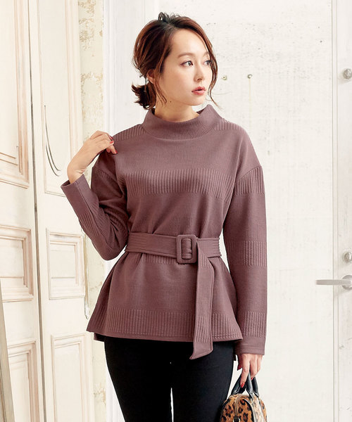 KOBE LETTUCE（コウベレタス）の「ベルト付きプチハイネックモックネックリブカットソートップス＊レディース/セットアップ/ベルトセット[C3515]神戸レタス（Tシャツ/カットソー・レディース・ブラック/グレー/ピンク系その他・FREE）」の3枚目の写真