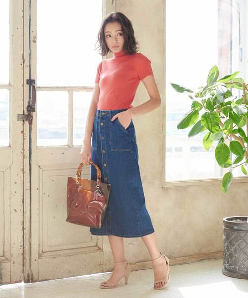 フロントボタンロング丈Aラインデニムスカート（デニムスカート