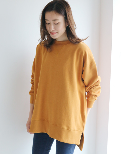 AMERICAN HOLIC（アメリカンホリック）の「ガゼット付き前後差クルーネック裏毛チュニック ＊（スウェット・レディース・チャコールグレー/カーキ/マスタード/グレイッシュベージュ/パープル/ブルー・M/L）」の6枚目の写真