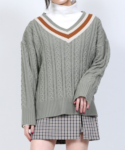 DING（ディング）の「DING/スクールケーブルニット（ニット/セーター・レディース・ベージュ/グリーン/ネイビー・FREE）」の3枚目の写真