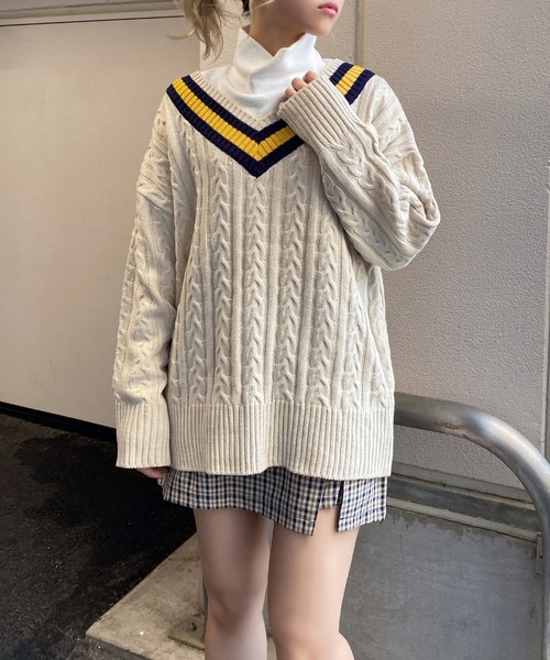 DING（ディング）の「DING/スクールケーブルニット（ニット/セーター・レディース・ベージュ/グリーン/ネイビー・FREE）」の18枚目の写真