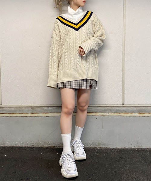 DING（ディング）の「DING/スクールケーブルニット（ニット/セーター・レディース・ベージュ/グリーン/ネイビー・FREE）」の6枚目の写真