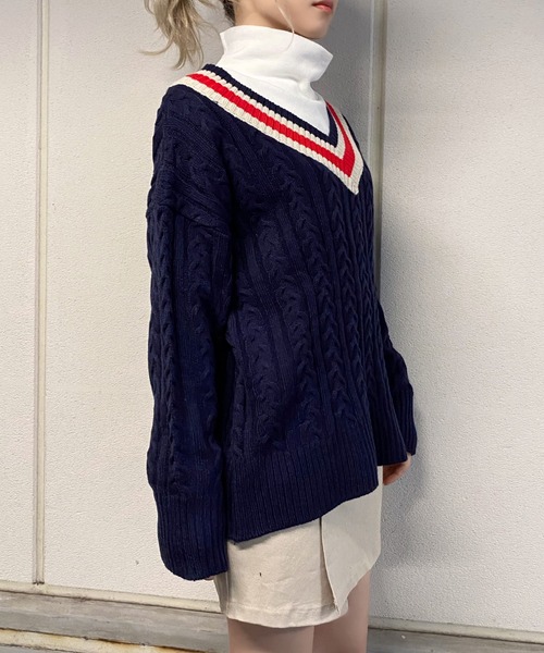 DING（ディング）の「DING/スクールケーブルニット（ニット/セーター・レディース・ベージュ/グリーン/ネイビー・FREE）」の4枚目の写真