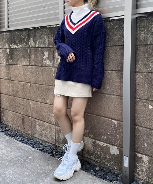 DING（ディング）の「DING/スクールケーブルニット（ニット/セーター・レディース・ベージュ/グリーン/ネイビー・FREE）」の14枚目の写真