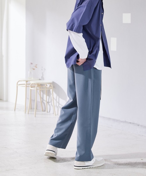 TRストレッチ DカンPUレザーコード タックワイドスラックス