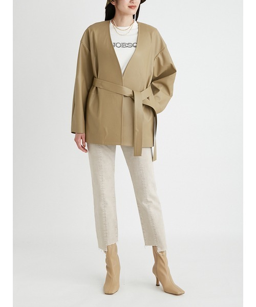 Mila Owen（ミラオーウェン）の「ノーカラー袖ボリュームダブルレザー