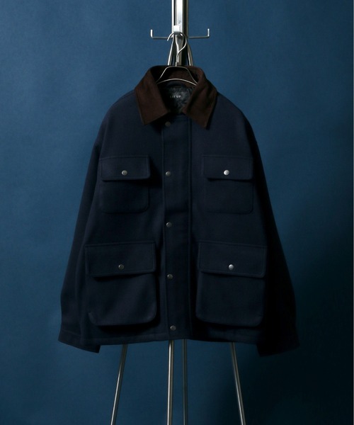 ANPAS(アンパス)の「Melton & Synthetic Leather Coverall/メルトン フェイクレザー カバーオールジャケット(ブルゾン・メンズ・ライトグレー/ブラック/ネイビー・LL/M/L)」の1枚目の写真