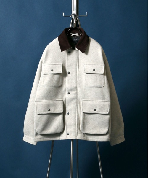 ANPAS(アンパス)の「Melton & Synthetic Leather Coverall/メルトン フェイクレザー カバーオールジャケット(ブルゾン・メンズ・ライトグレー/ブラック/ネイビー・LL/M/L)」の3枚目の写真