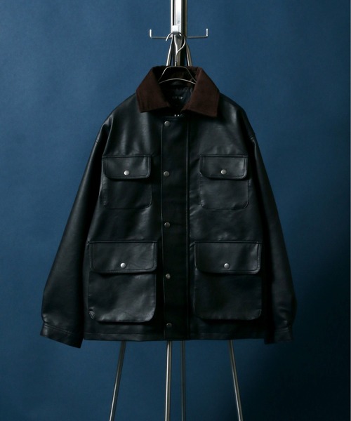 ANPAS(アンパス)の「Melton & Synthetic Leather Coverall/メルトン フェイクレザー カバーオールジャケット(ブルゾン・メンズ・ライトグレー/ブラック/ネイビー・LL/M/L)」の2枚目の写真