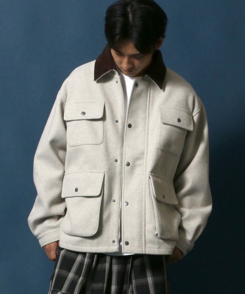 ANPAS(アンパス)の「Melton & Synthetic Leather Coverall/メルトン フェイクレザー カバーオールジャケット(ブルゾン・メンズ・ライトグレー/ブラック/ネイビー・LL/M/L)」の13枚目の写真