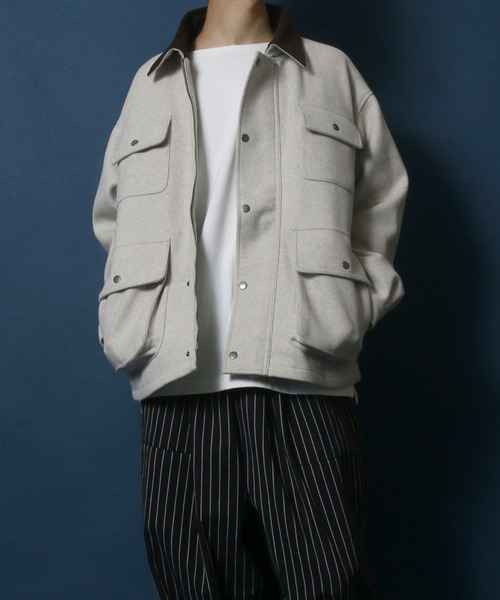 ANPAS(アンパス)の「Melton & Synthetic Leather Coverall/メルトン フェイクレザー カバーオールジャケット(ブルゾン・メンズ・ライトグレー/ブラック/ネイビー・LL/M/L)」の8枚目の写真